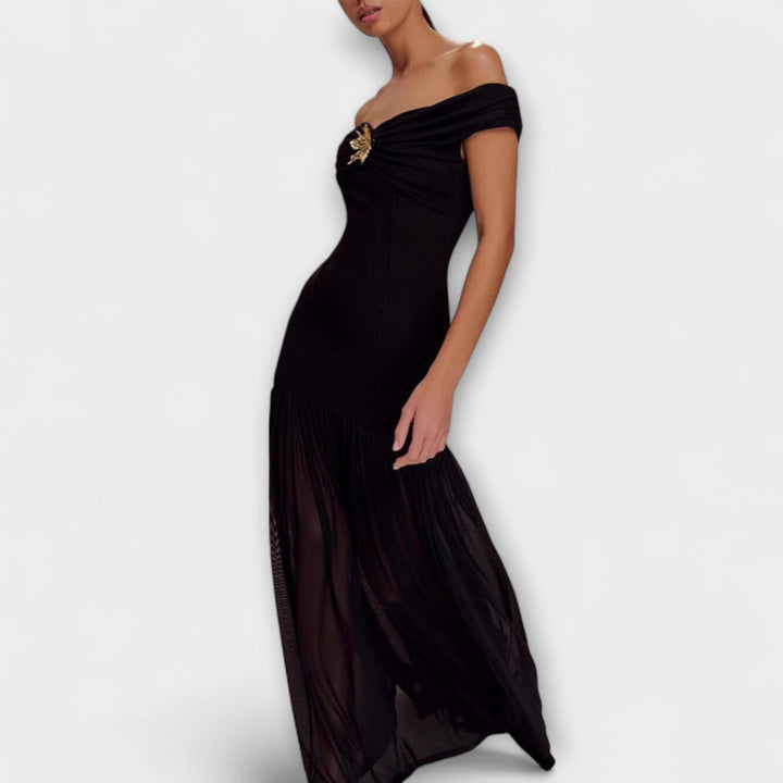 Maelie - Elegantní bezramínková bodycon maxi šaty s květinovými ozdobami