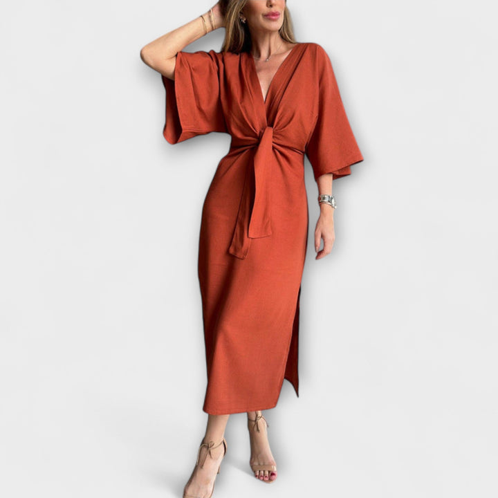 Holly - Ležérní šaty s výstřihem do V vyrobené z bavlny a lnu s šněrováním