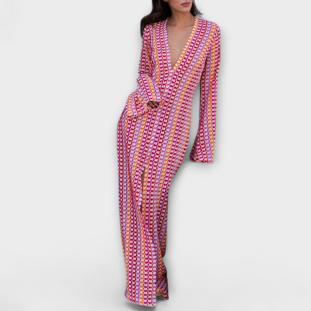 Elina – Maxi šaty s V-výstřihem a prázdninovým nádechem